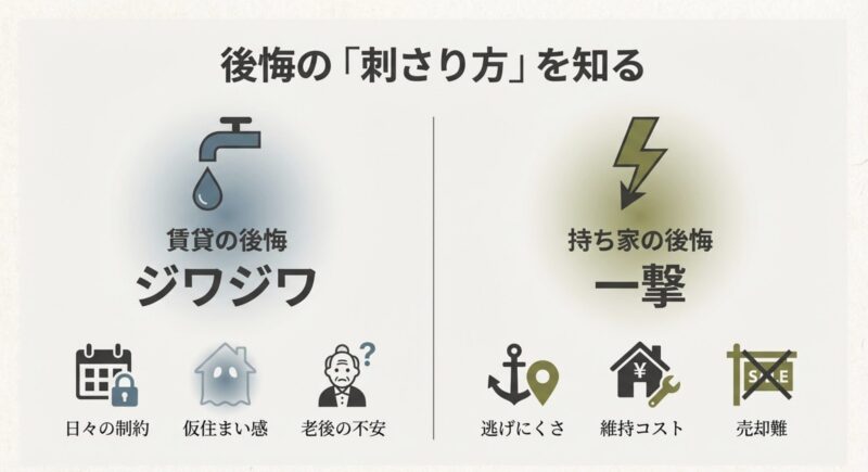 賃貸は「日々の制約」がジワジワ、持ち家は「逃げにくさ」が一撃で刺さることを比較した図解。