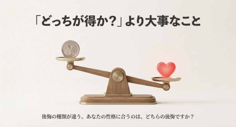 天秤に乗った円マークとハート。損得勘定よりも自分の性格に合う後悔を選ぶ大切さを説明する図。